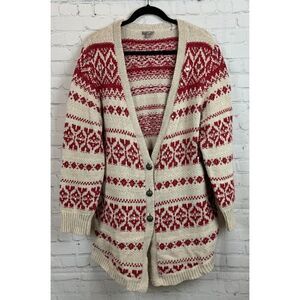 J.JILL gray red fair isle metal sequin cotton blend knit cardigan sweater XL